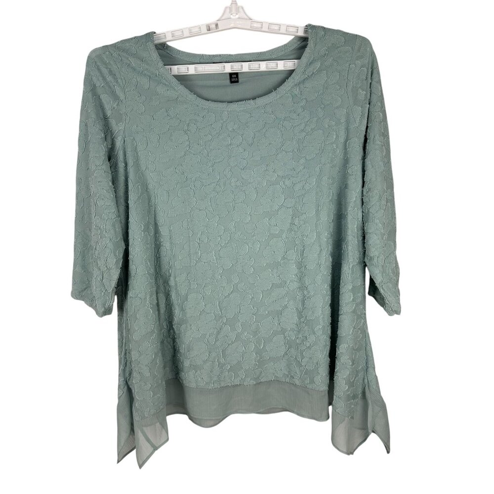 Simply Vera Vera Wang Womens Green Lace Blouse 0X Asymmetrical Hem 3/4 Sleeve